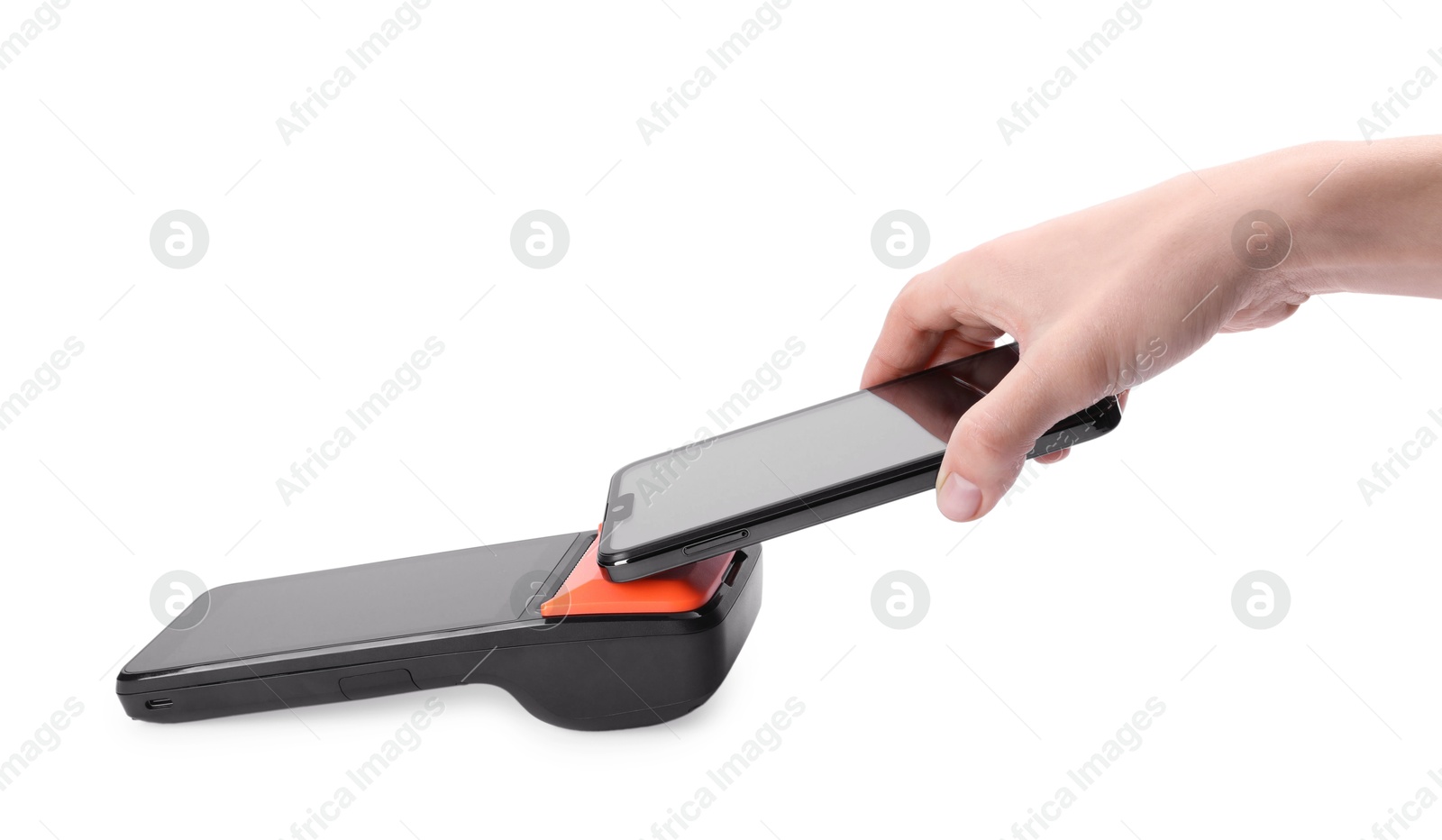 Photo of Woman with smartphone using payment terminal on white background, closeup