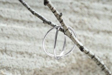 Photo of Beautiful silver ring on branch against blurred background, closeup. Space for text