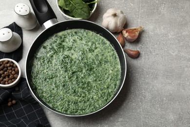 Photo of Delicious spinach sauce served on grey table, flat lay. Space for text