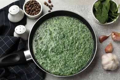 Photo of Delicious spinach sauce served on grey table, flat lay