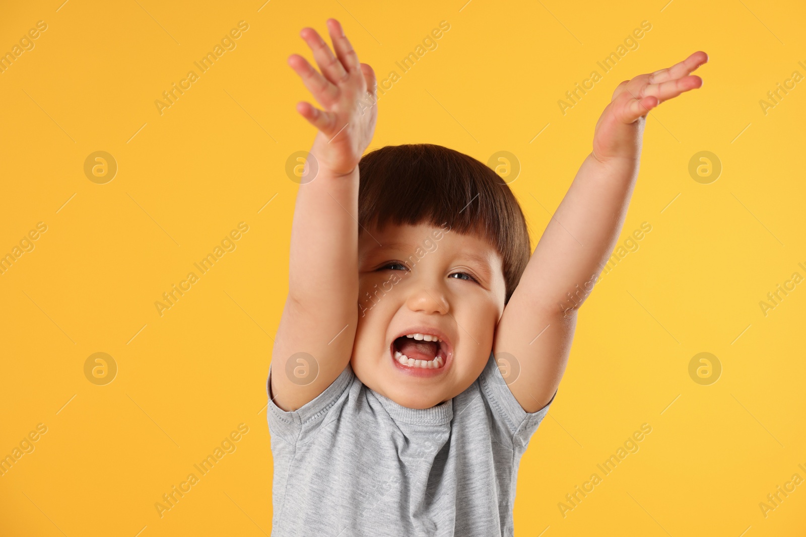 Photo of Portrait of emotional little boy on yellow background