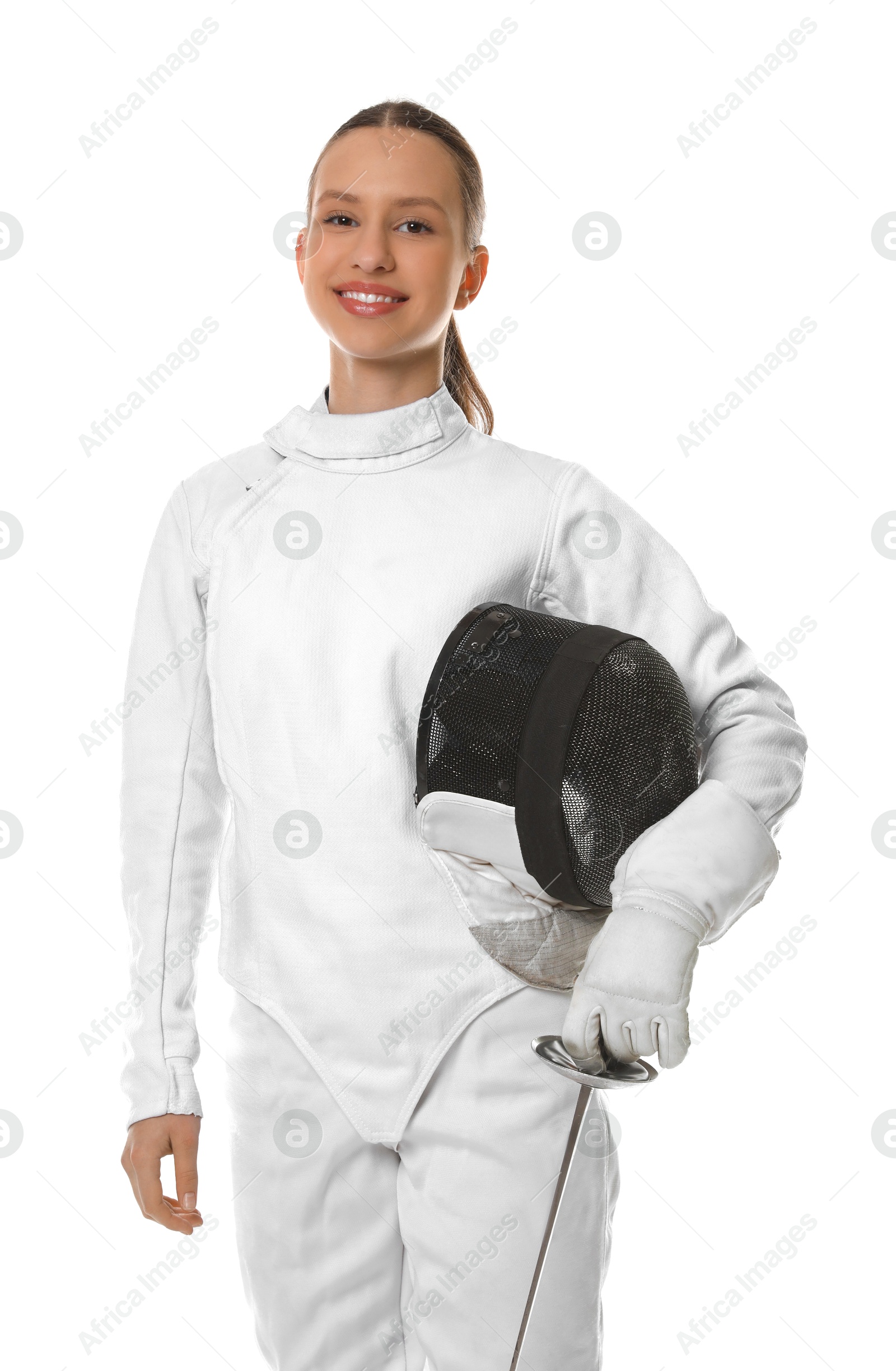 Photo of Smiling fencer with protective mask and epee on white background