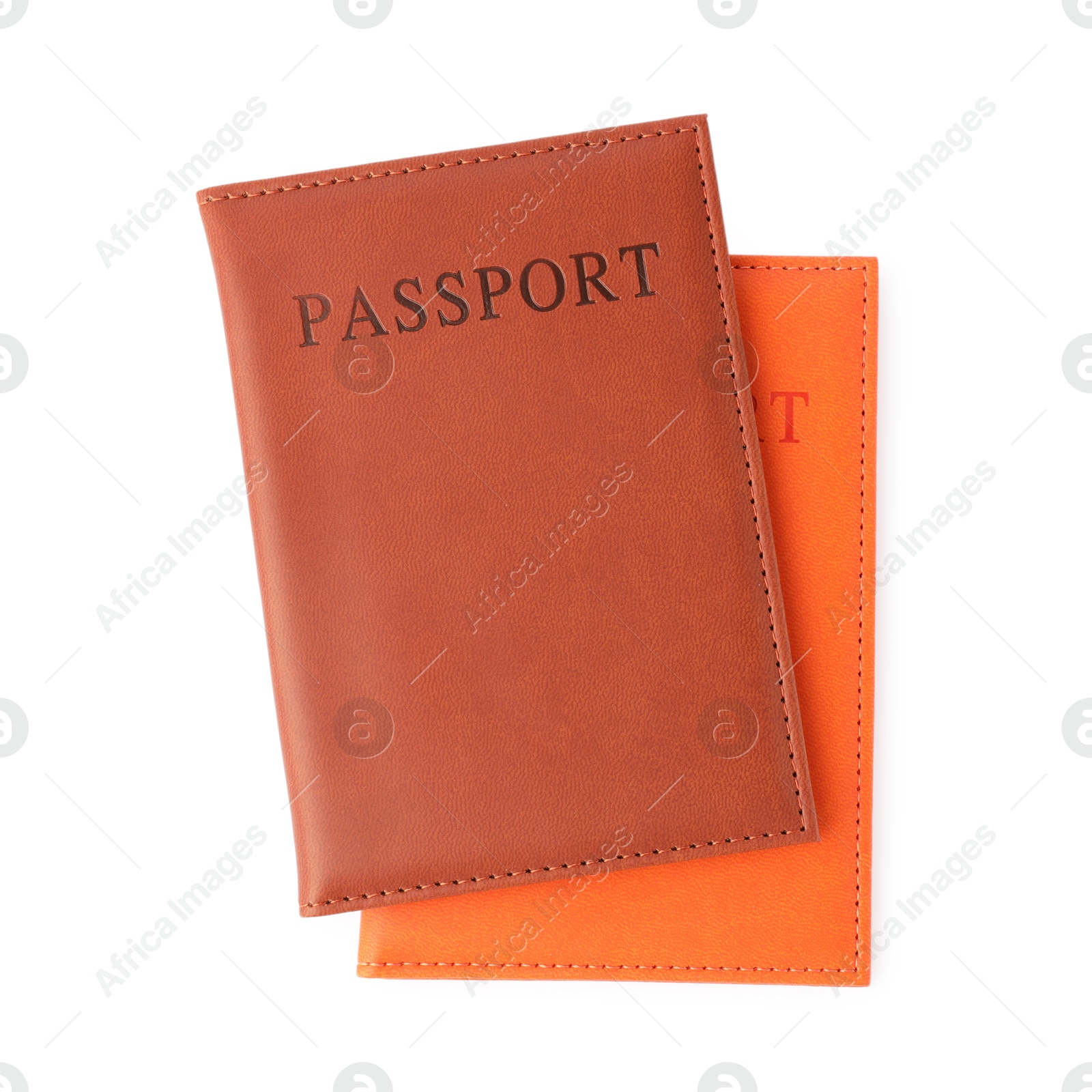 Photo of Passports in bright covers isolated on white, top view