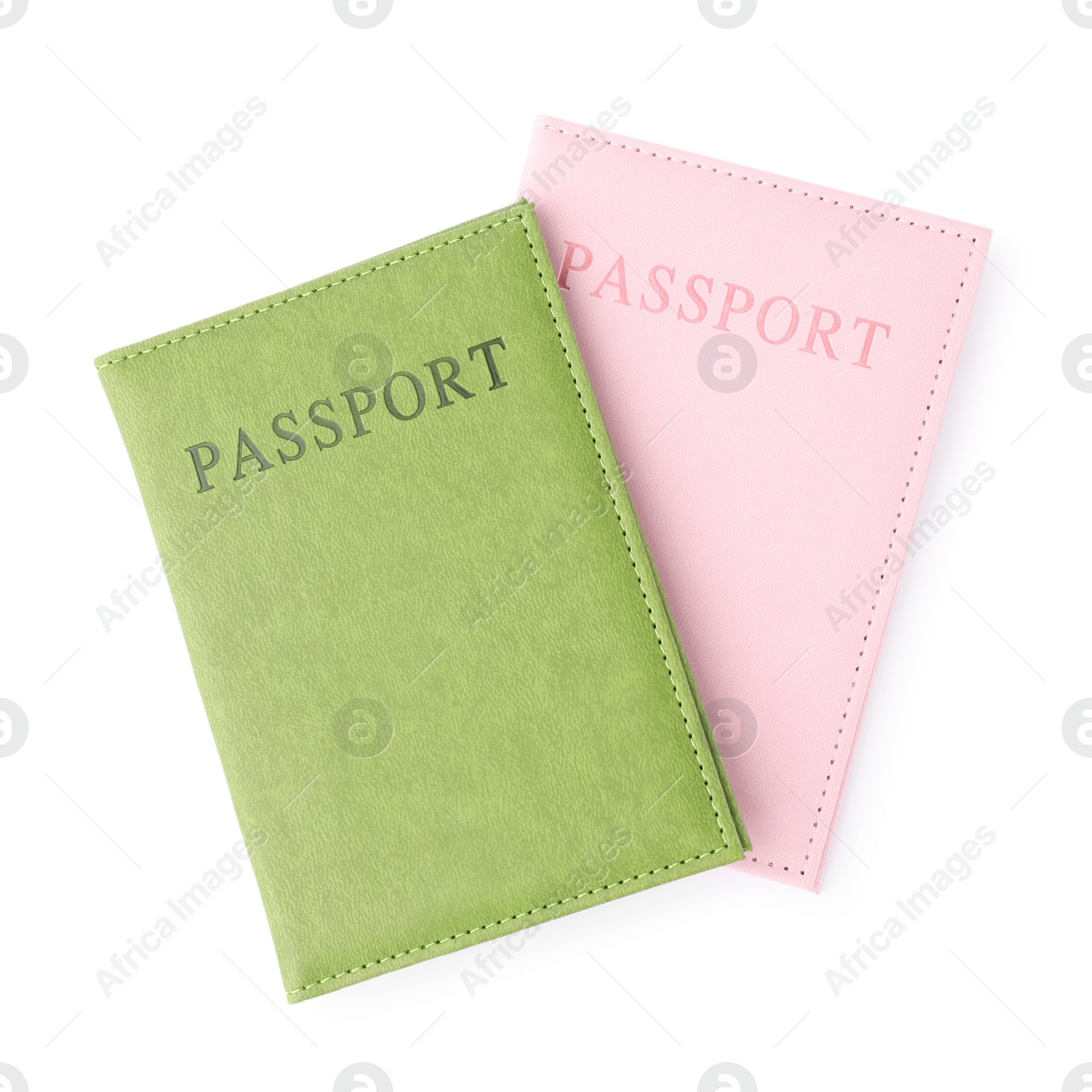 Photo of Passports in bright covers isolated on white, top view