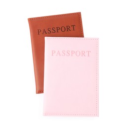 Photo of Passports in bright covers isolated on white, top view