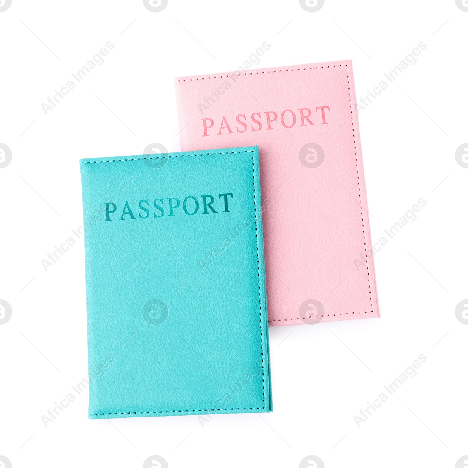 Photo of Passports in bright covers isolated on white, top view