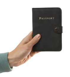 Photo of Woman holding passport in bright cover on white background, closeup