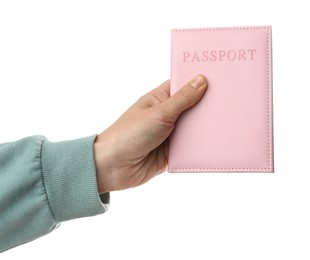 Photo of Woman holding passport in bright cover on white background, closeup