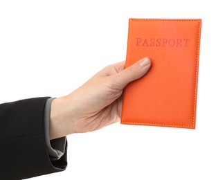 Photo of Woman holding passport in bright cover on white background, closeup