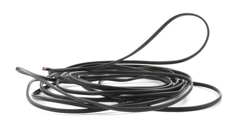 Tangled insulated electrical wire on white background