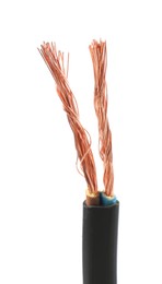 Stripped electrical wire with copper strands on white background