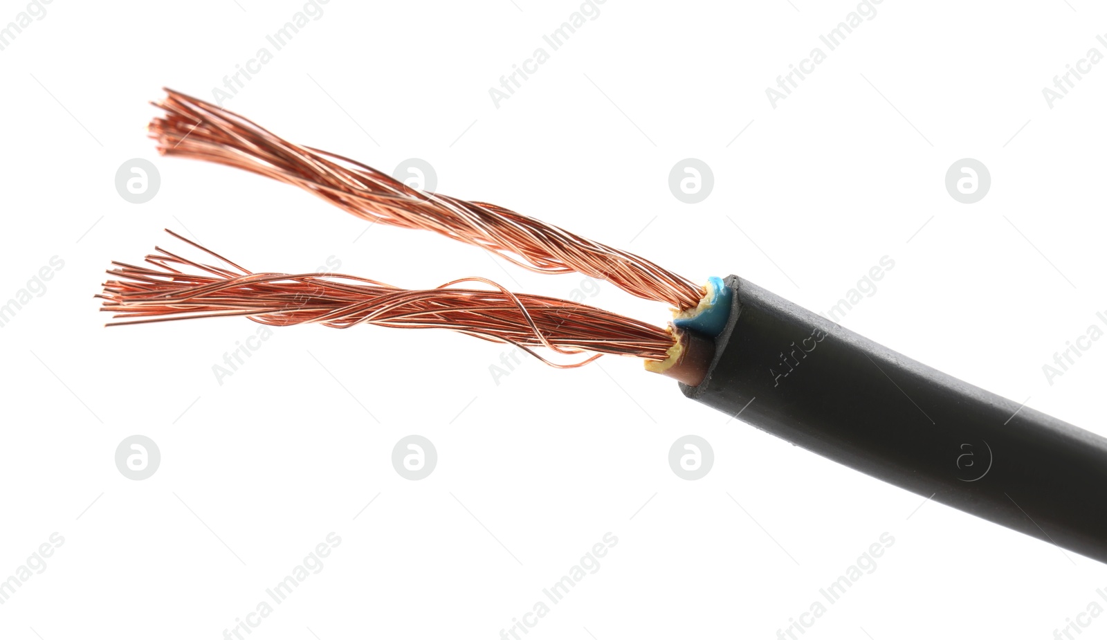 Photo of Stripped electrical wire with copper strands isolated on white