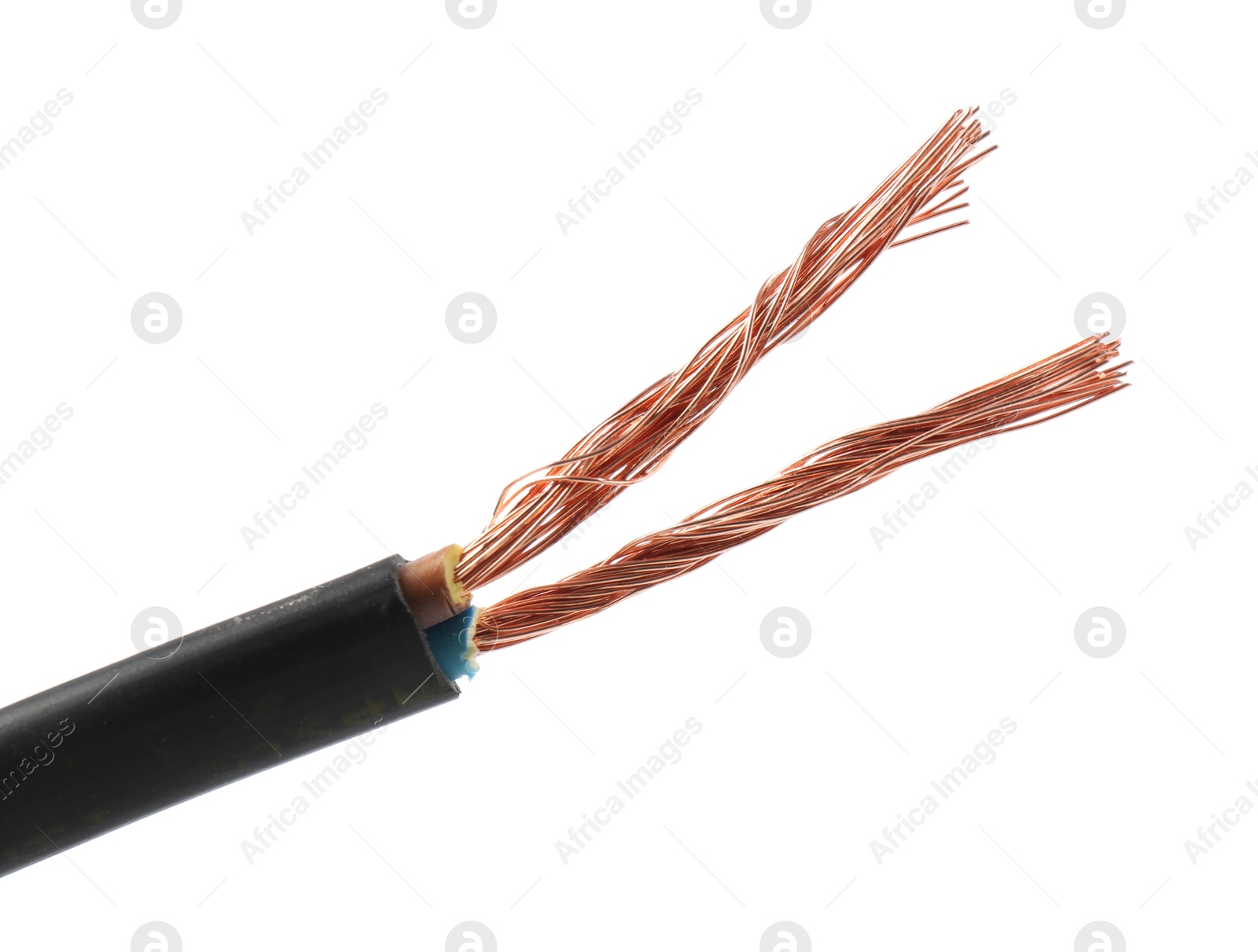 Photo of Stripped electrical wire with copper strands on white background