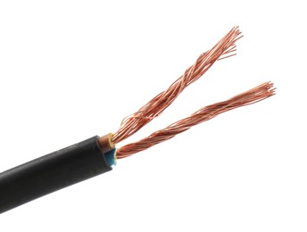 Photo of Stripped electrical wire with copper strands on white background