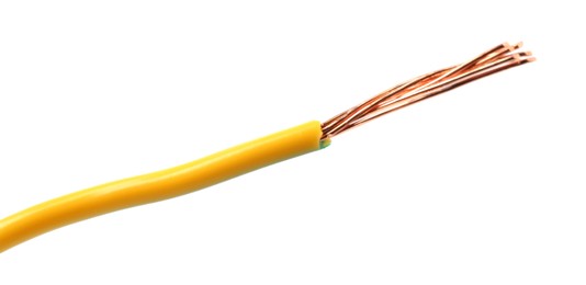 Photo of Stripped electrical wire with copper strands on white background