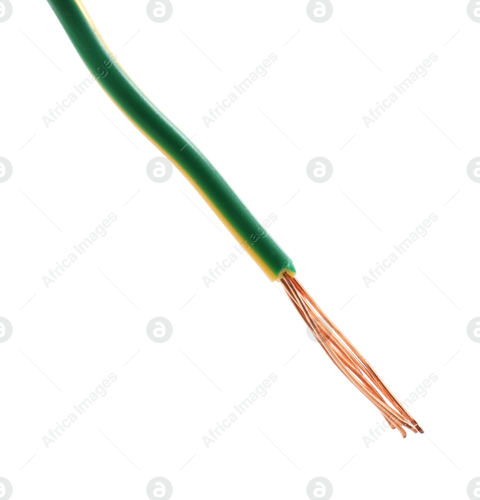 Photo of Stripped electrical wire with copper strands on white background