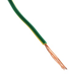 Stripped electrical wire with copper strands on white background