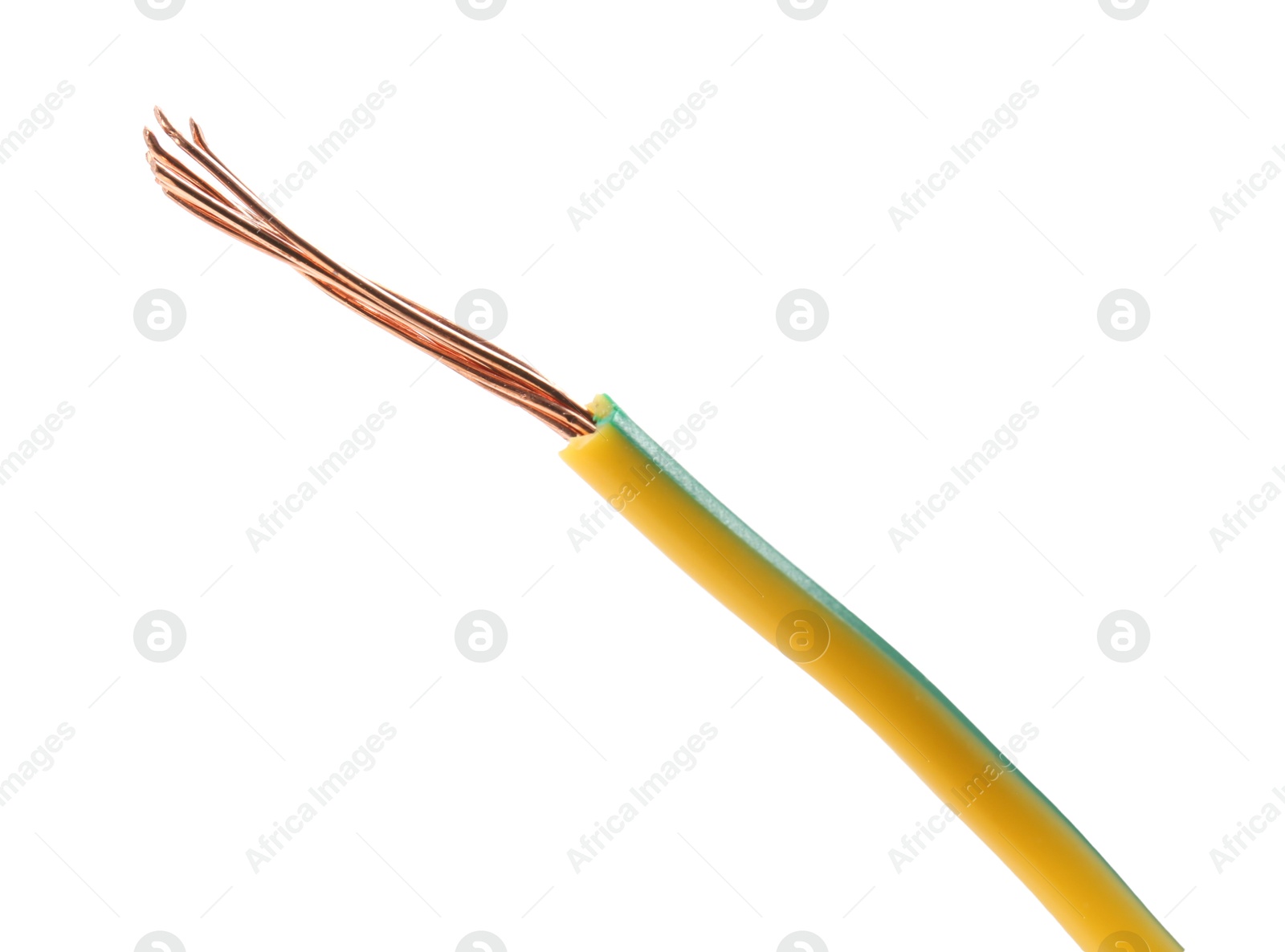 Photo of Stripped electrical wire with copper strands on white background