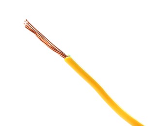 Photo of Stripped electrical wire with copper strands on white background