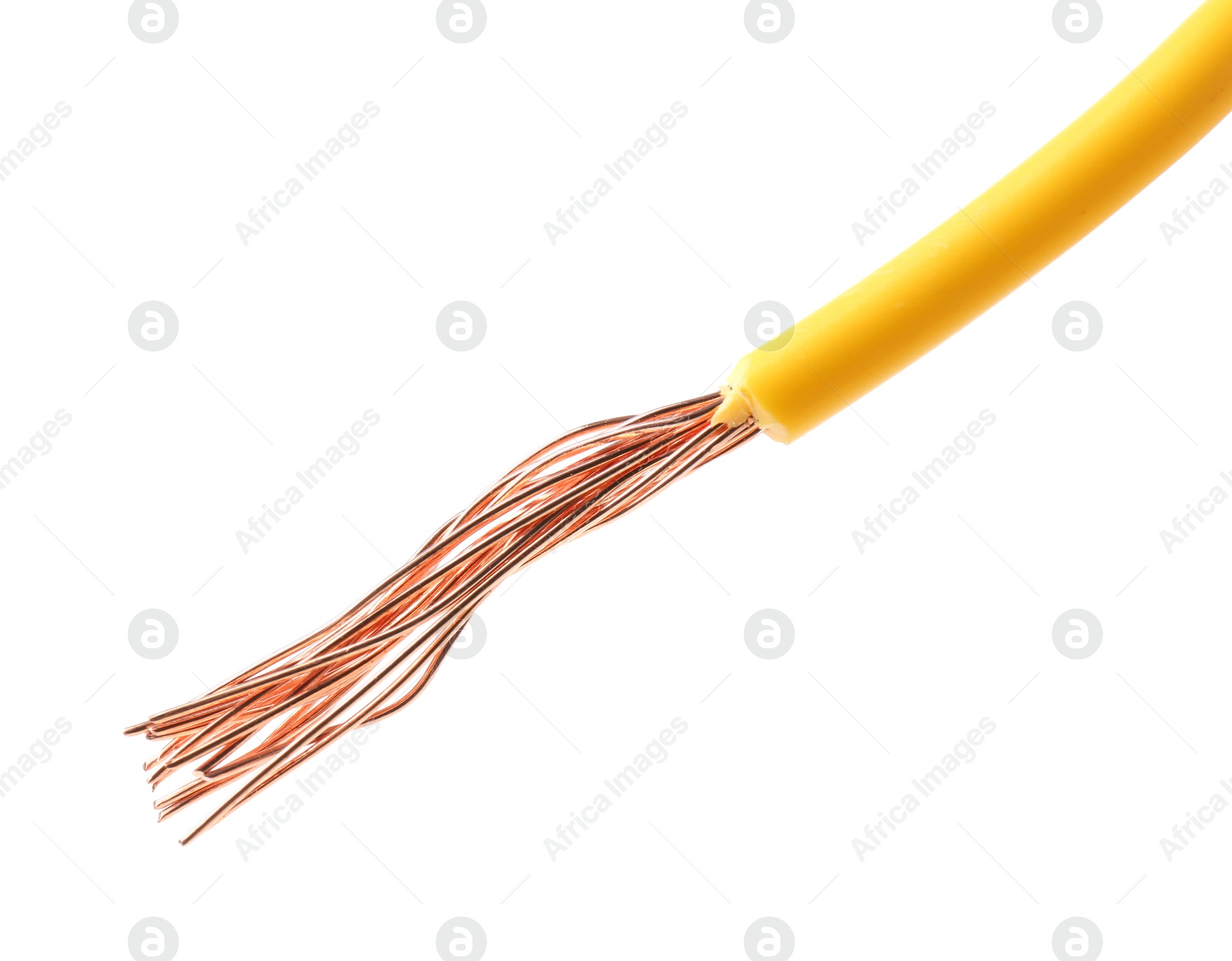 Photo of Stripped electrical wire with copper strands on white background