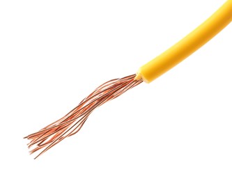 Photo of Stripped electrical wire with copper strands on white background