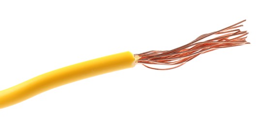 Photo of Stripped electrical wire with copper strands on white background