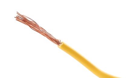 Photo of Stripped electrical wire with copper strands on white background