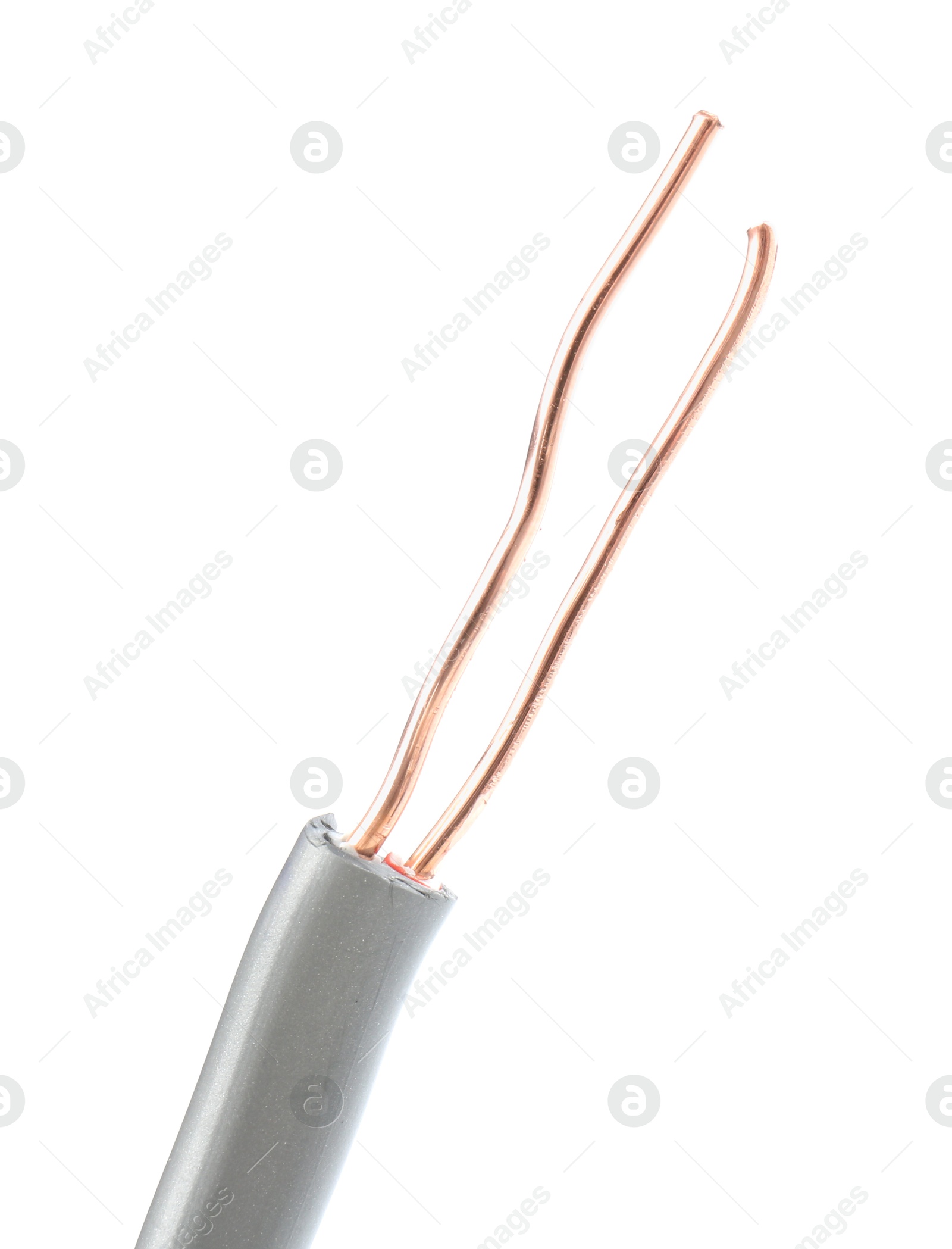 Photo of Stripped electrical wire with copper strands isolated on white