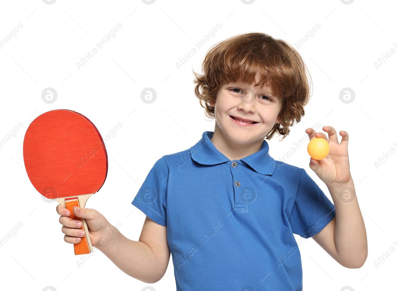 Photo of Little boy with ping pong racket and ball on white background