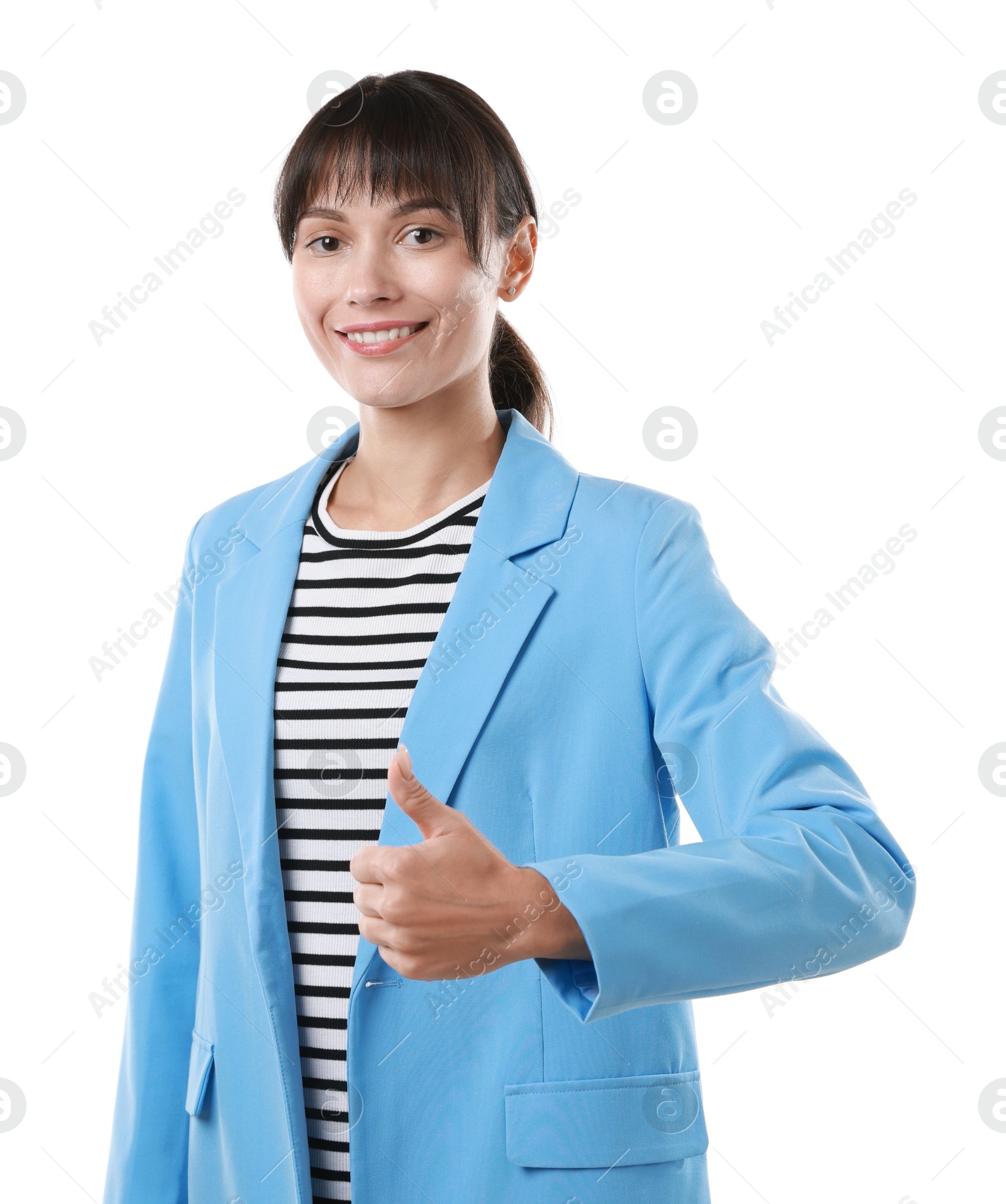 Photo of Happy woman showing thumbs up on white background. Like gesture