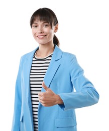 Photo of Happy woman showing thumbs up on white background. Like gesture