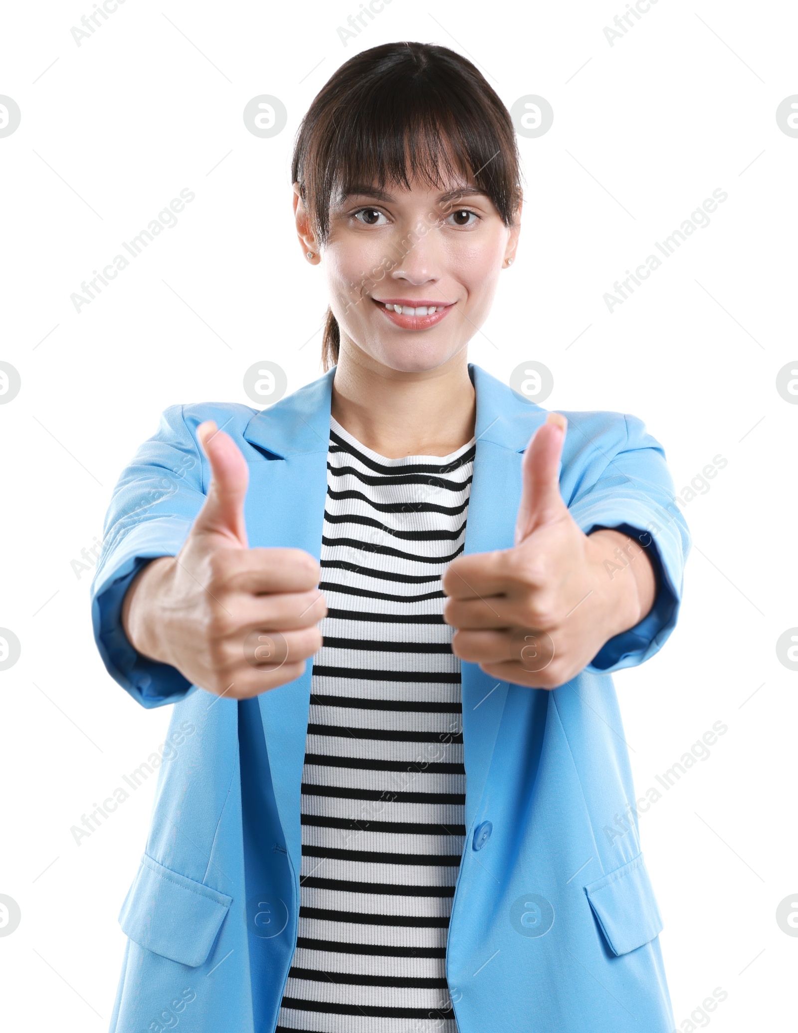 Photo of Happy woman showing thumbs up on white background. Like gesture