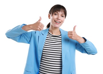 Photo of Happy woman showing thumbs up on white background. Like gesture