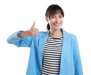 Photo of Happy woman showing thumbs up on white background. Like gesture