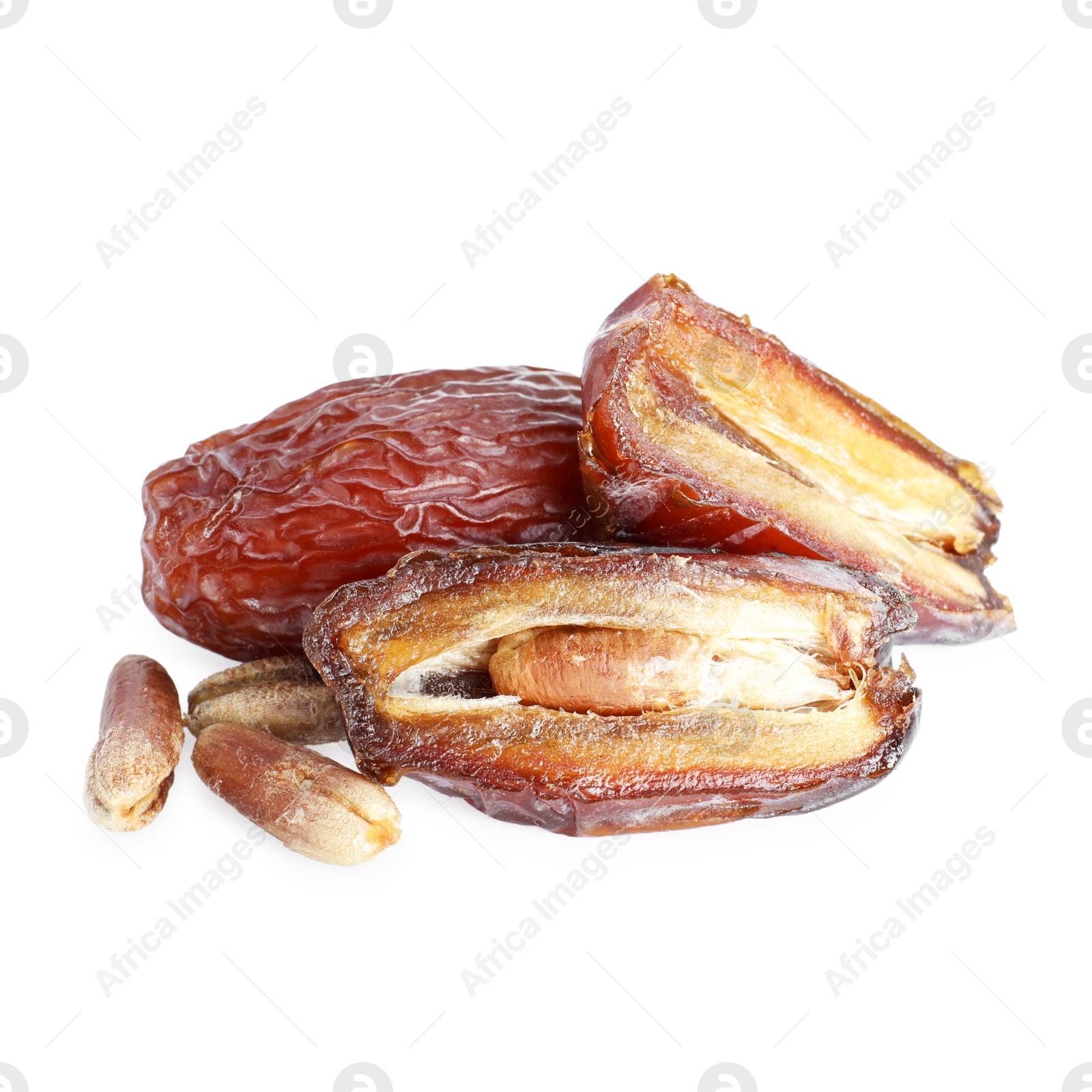 Photo of Tasty dried dates and seeds isolated on white