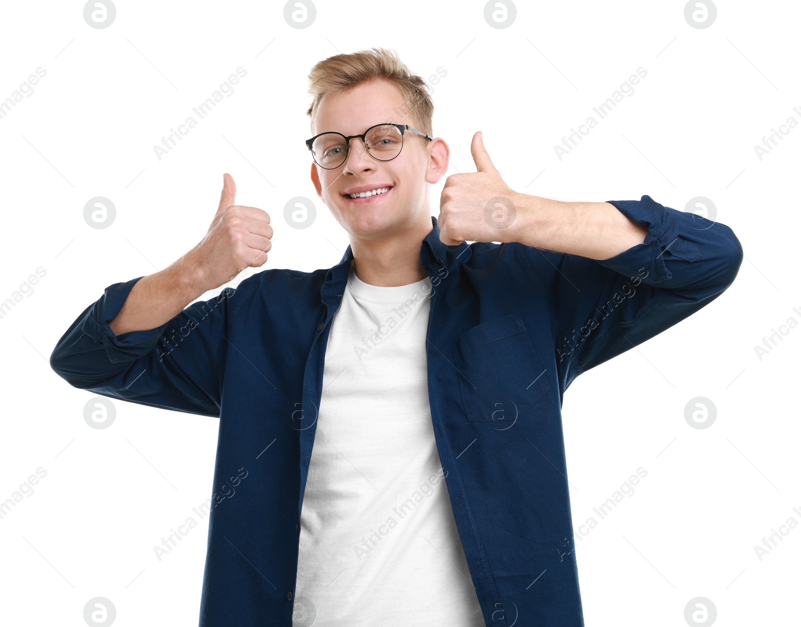 Photo of Happy man showing thumbs up on white background. Like gesture