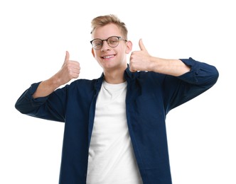 Photo of Happy man showing thumbs up on white background. Like gesture