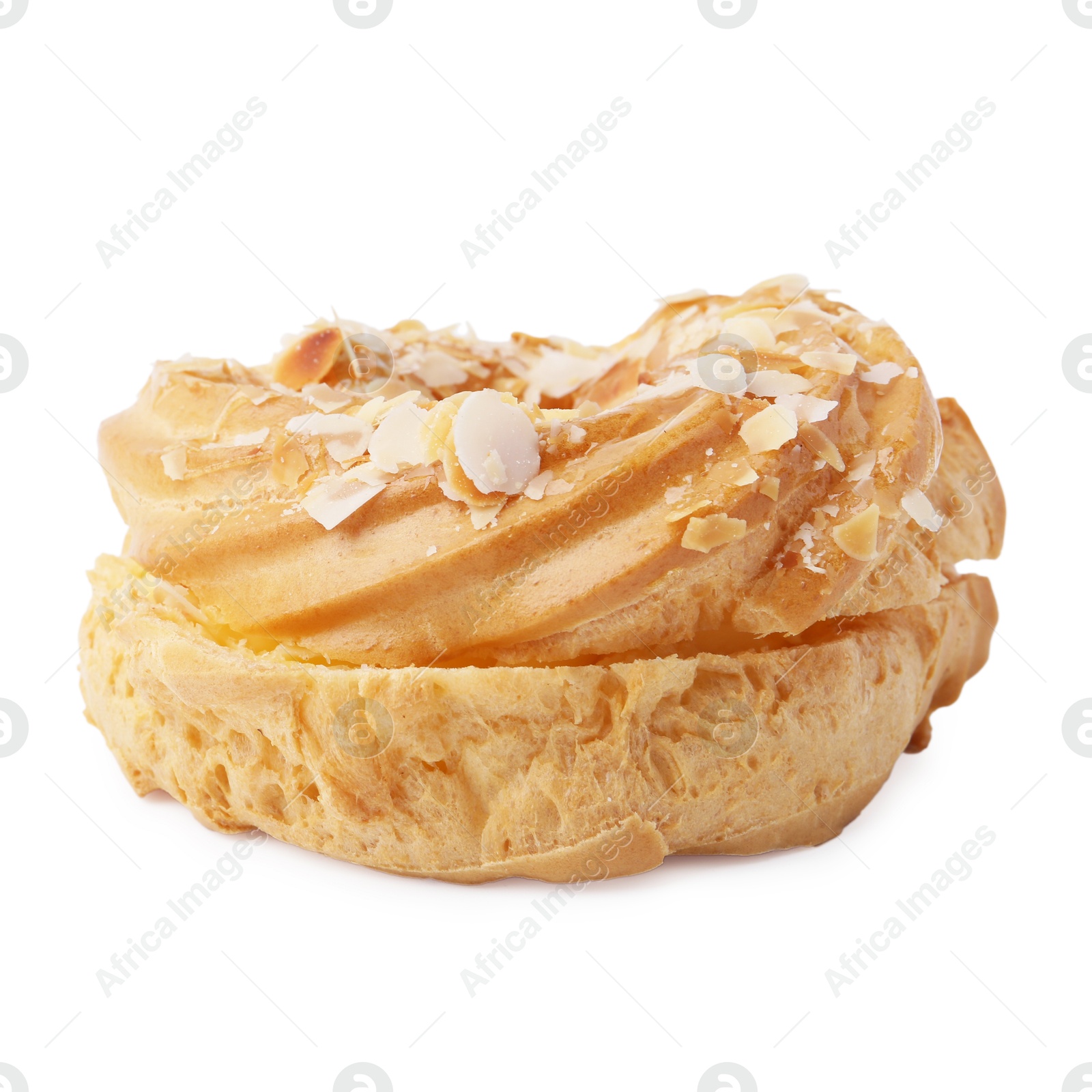 Photo of Delicious pastry with almond flakes isolated on white