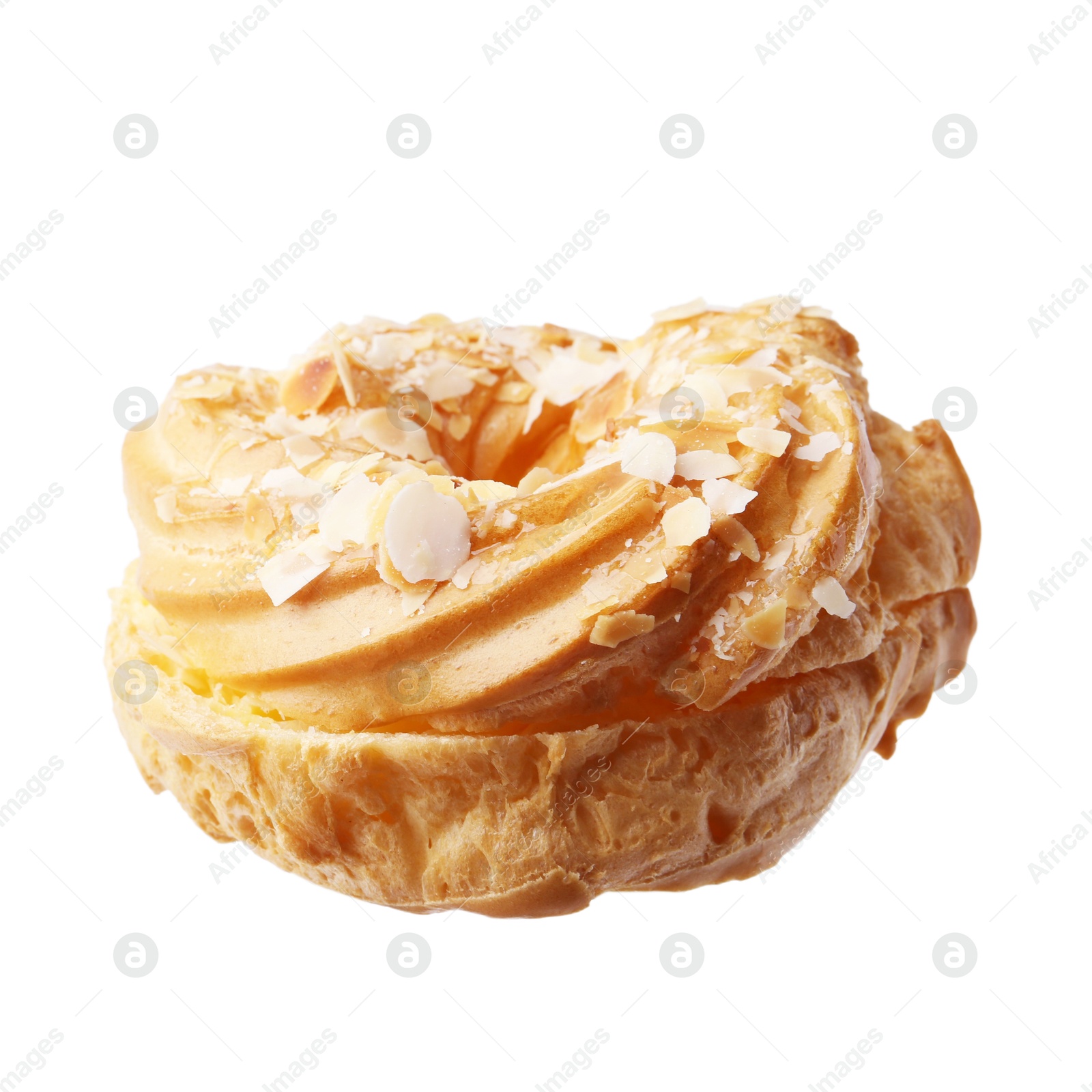 Photo of Delicious pastry with almond flakes isolated on white