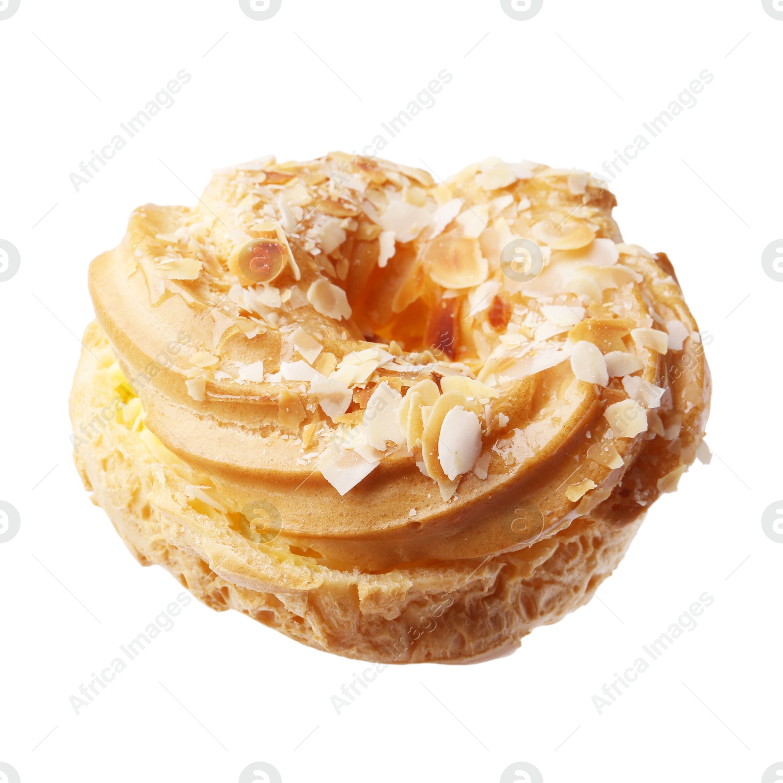 Photo of Delicious pastry with almond flakes isolated on white