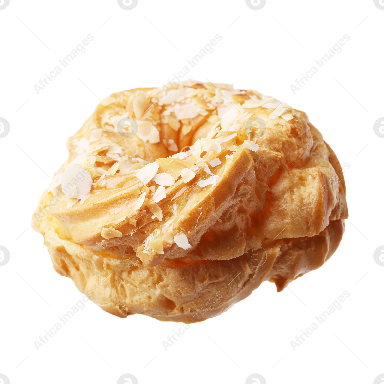 Photo of Delicious pastry with almond flakes isolated on white