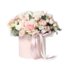 Photo of Bouquet of beautiful flowers in box isolated on white