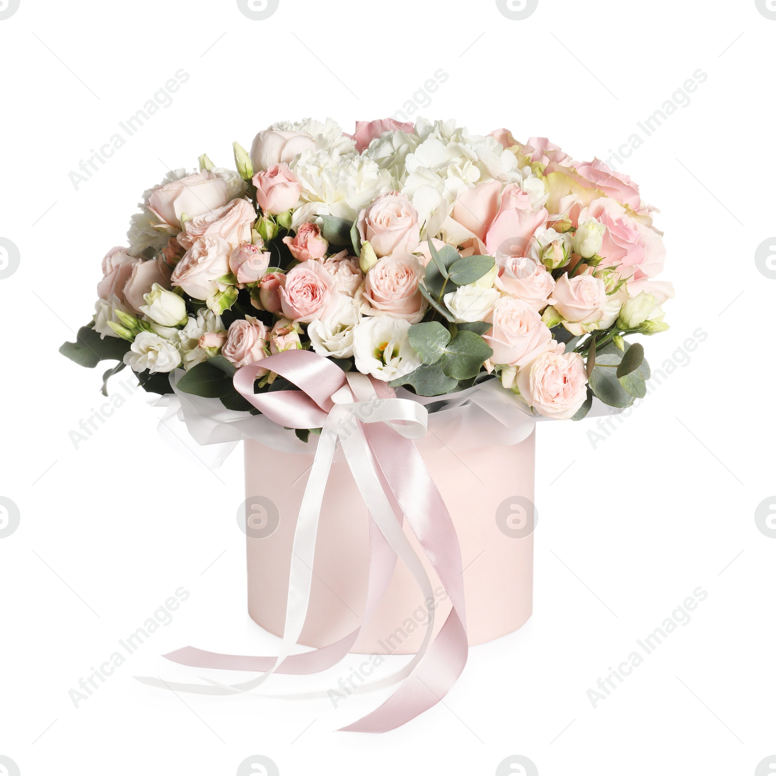 Photo of Bouquet of beautiful flowers in box isolated on white