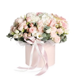 Photo of Bouquet of beautiful flowers in box isolated on white