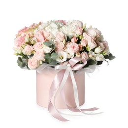 Photo of Bouquet of beautiful flowers in box isolated on white