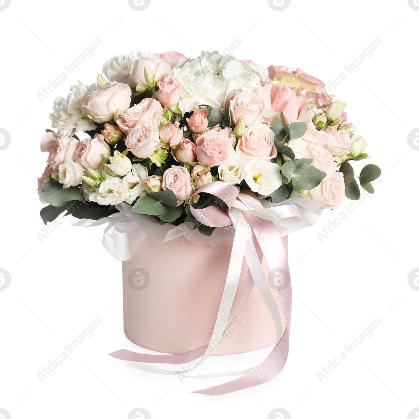 Photo of Bouquet of beautiful flowers in box isolated on white