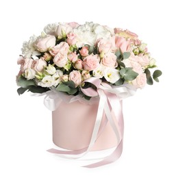 Photo of Bouquet of beautiful flowers in box isolated on white