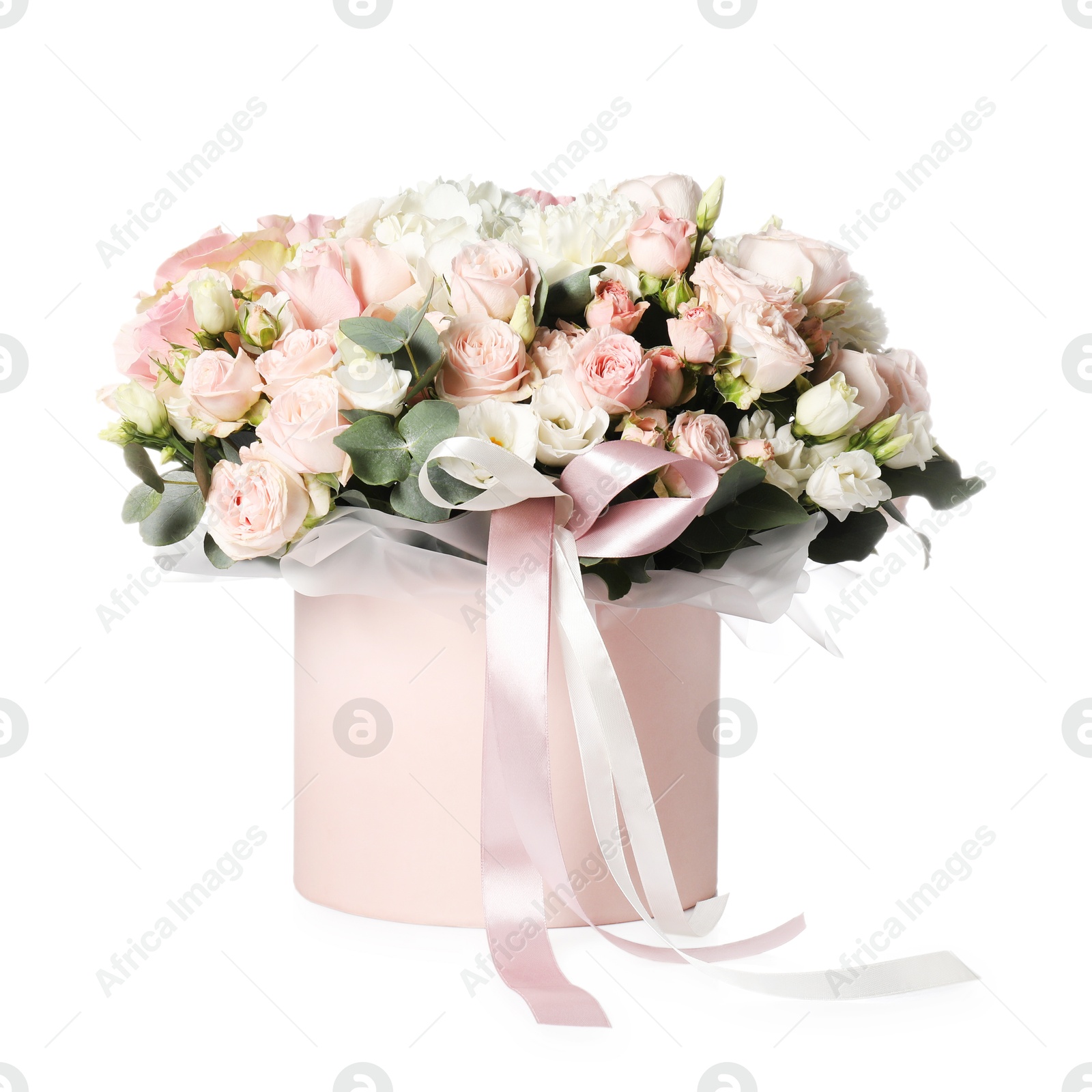 Photo of Bouquet of beautiful flowers in box isolated on white