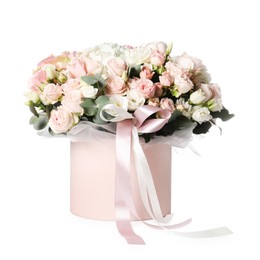 Photo of Bouquet of beautiful flowers in box isolated on white