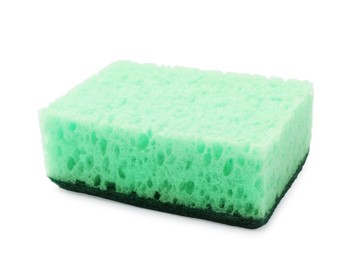 Photo of One green sponge isolated on white. Cleaning tool